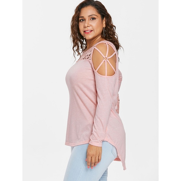 Plus Size Light Pink Cutwork Lace Insert T-shirt - Picture 5 of 8